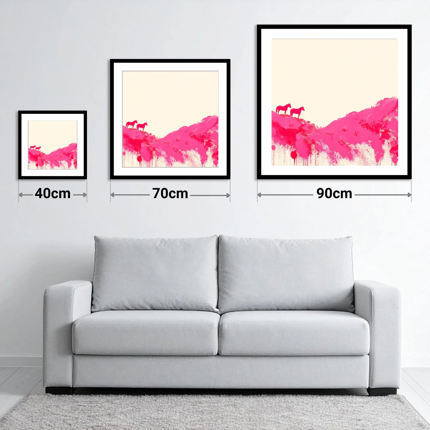 Magenta Ridge - size guide showing 40cm, 70cm and 90cm art prints