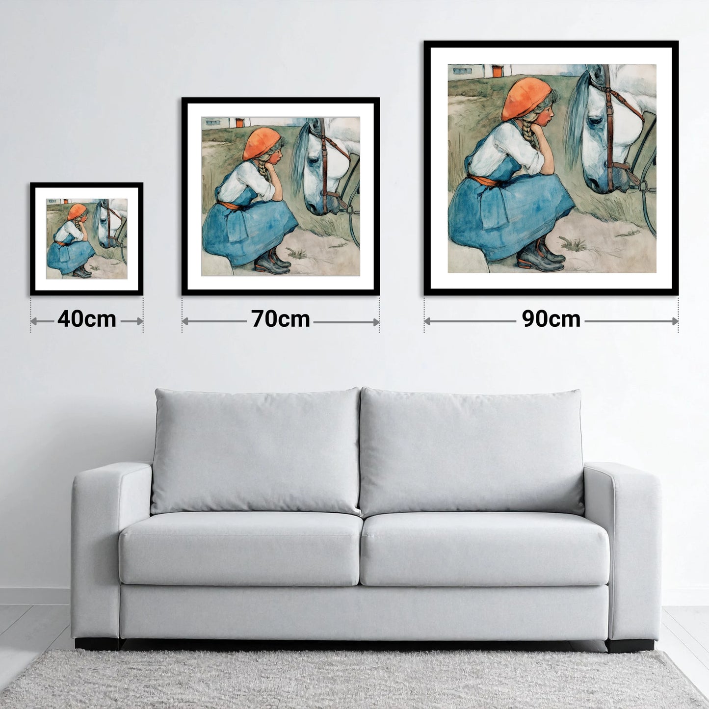 Quiet Moments Together - size guide showing 40cm, 70cm and 90cm art prints
