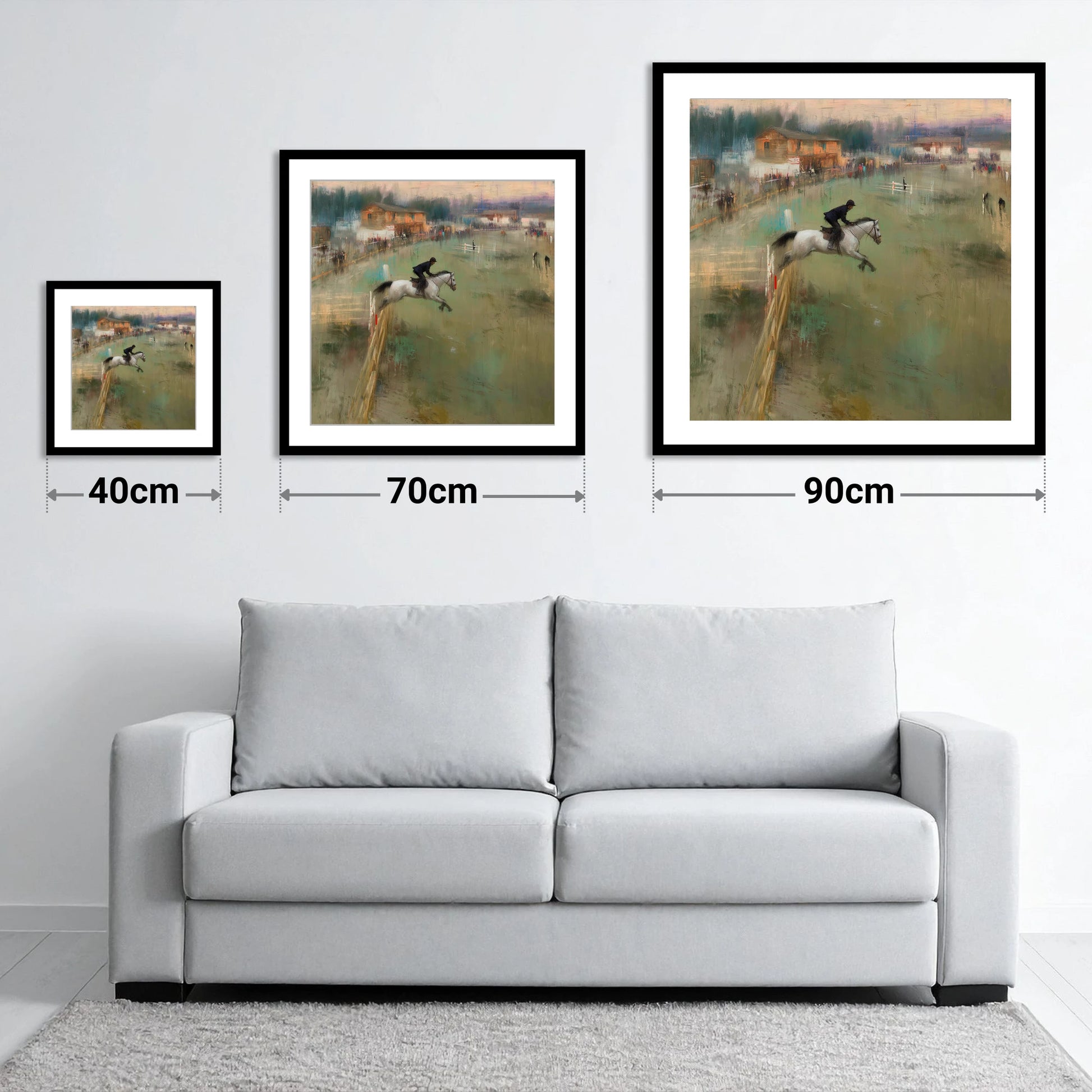 Clearing the Timber - size guide showing 40cm, 70cm and 90cm art prints