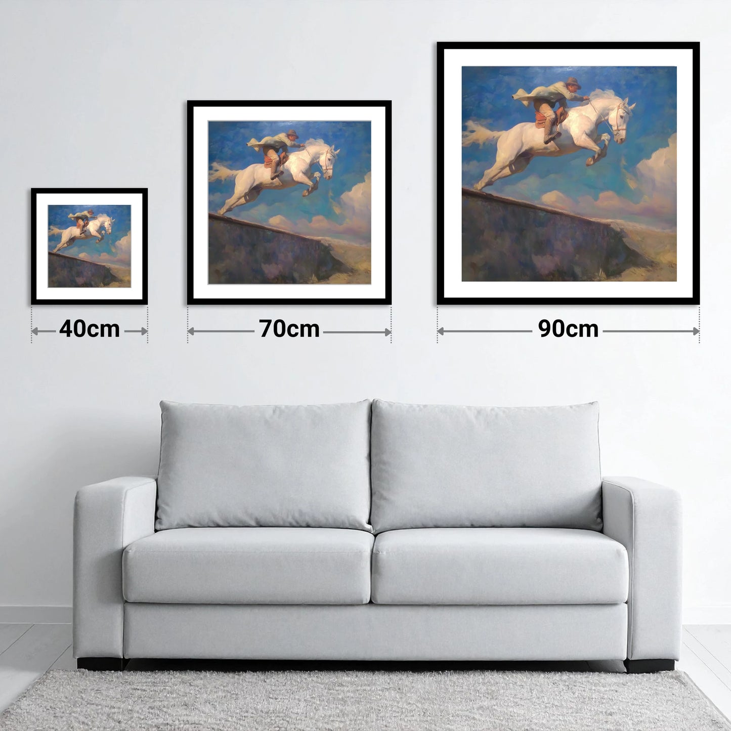 Skyward Bound - size guide showing 40cm, 70cm and 90cm art prints