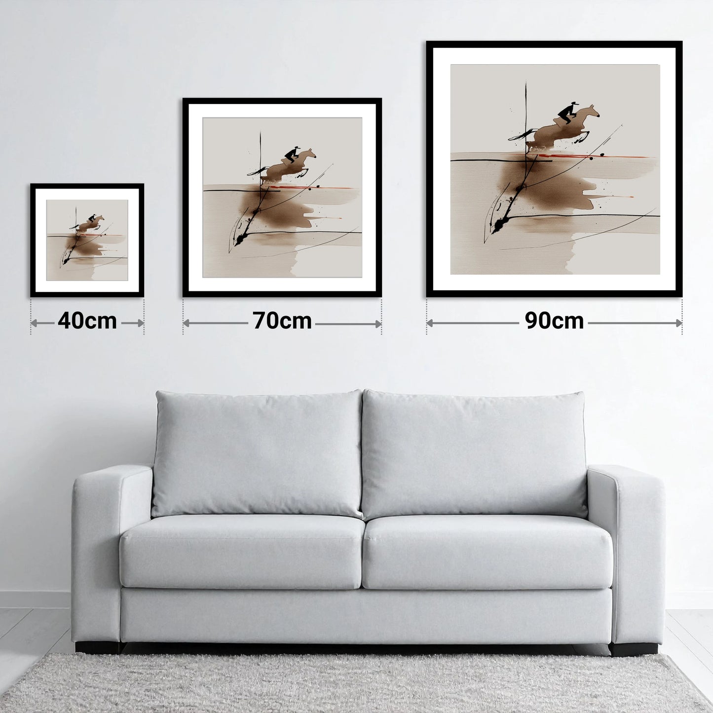 Sepia Suspension - size guide showing 40cm, 70cm and 90cm art prints