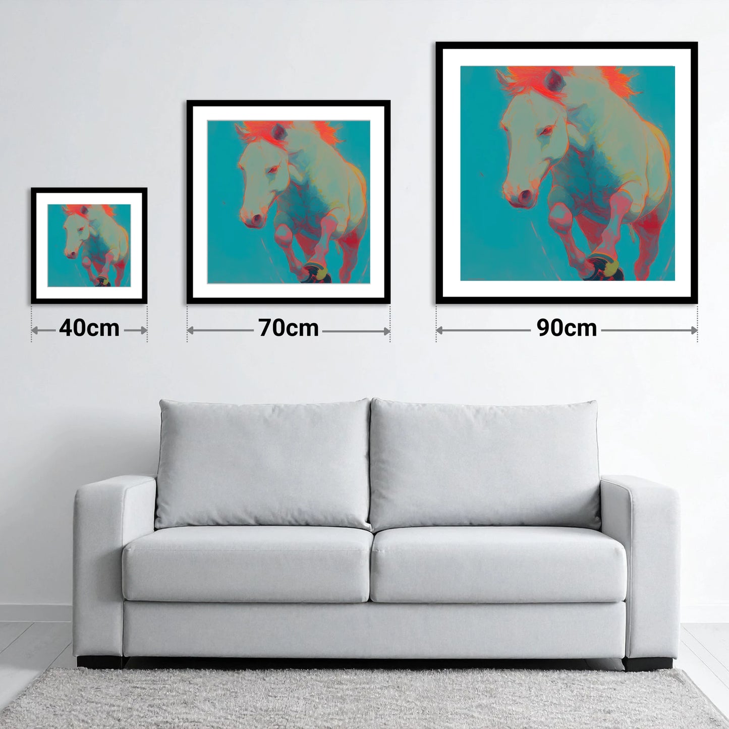 Vibrant Equine Spirit - size guide showing 40cm, 70cm and 90cm art prints