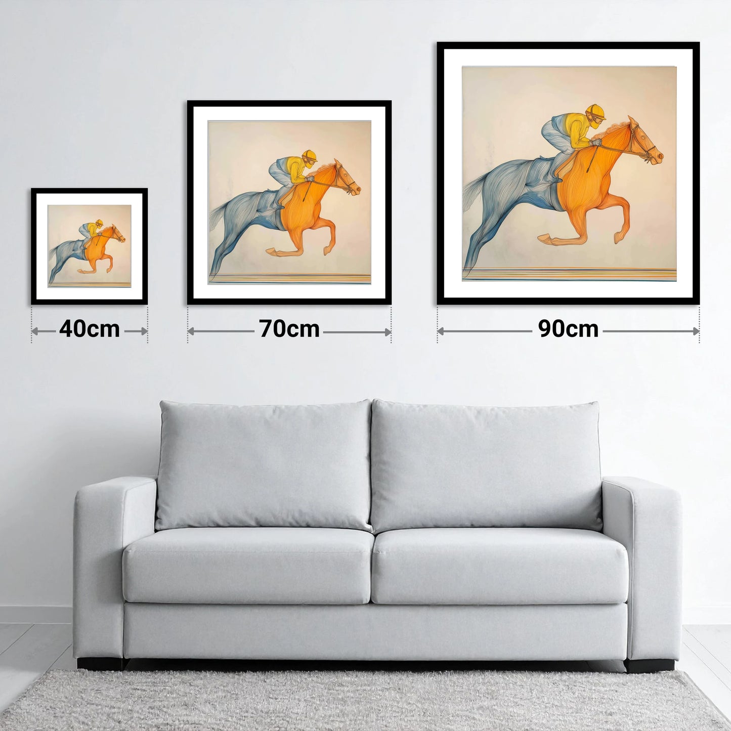 The Fluid Stride - size guide showing 40cm, 70cm and 90cm art prints