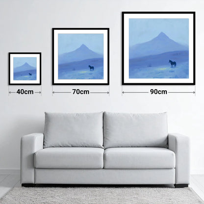 Azure Mountain Solitude - size guide showing 40cm, 70cm and 90cm art prints