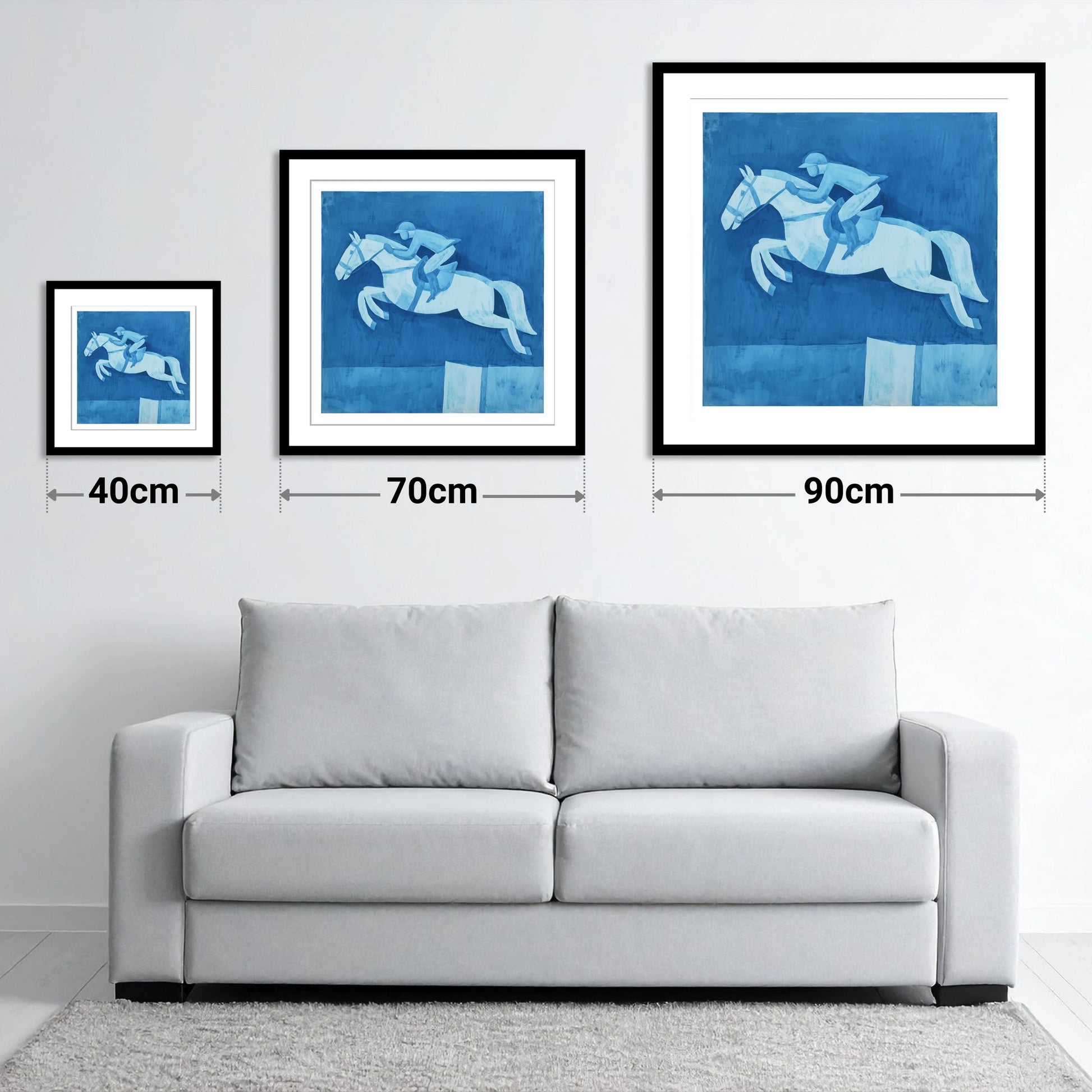 Azure Clear Round - size guide showing 40cm, 70cm and 90cm art prints