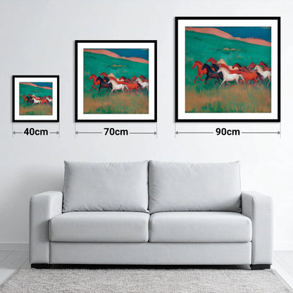 Crimson and Emerald Herd - size guide showing 40cm, 70cm and 90cm art prints