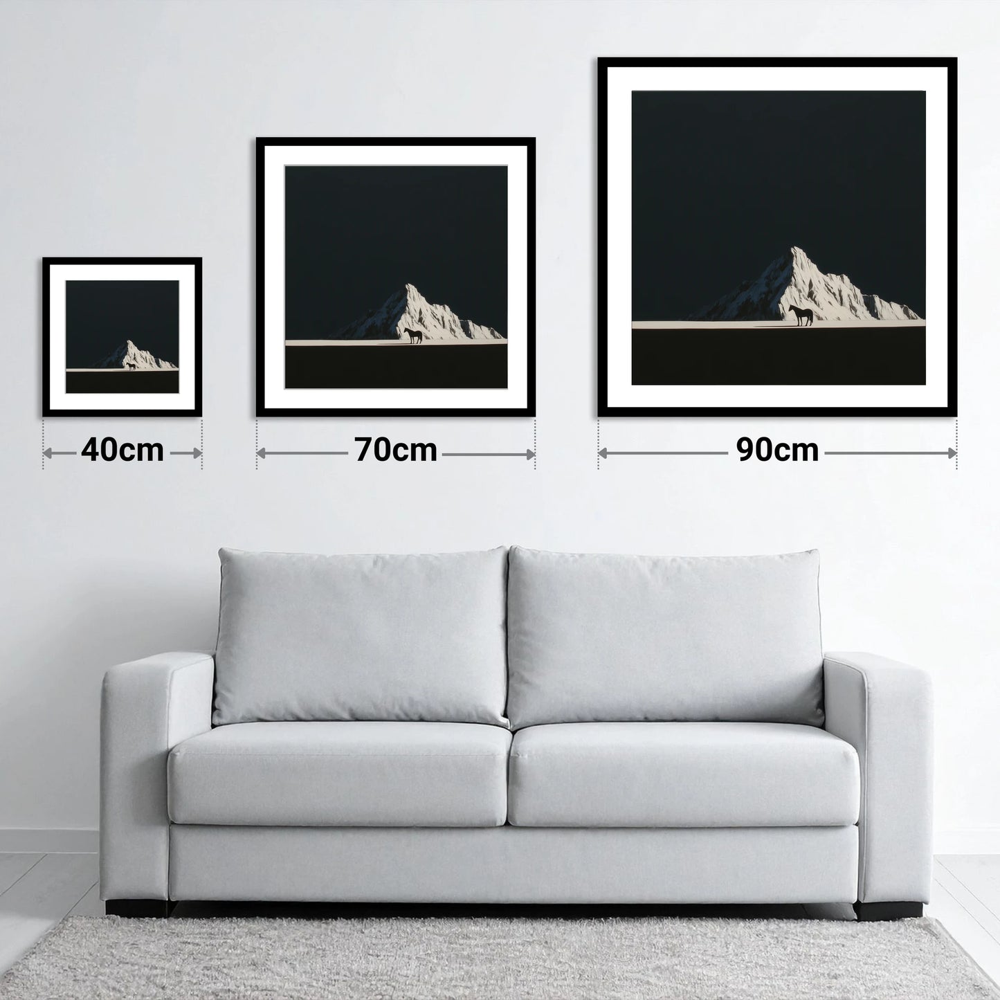 Alpine Solitude - size guide showing 40cm, 70cm and 90cm art prints