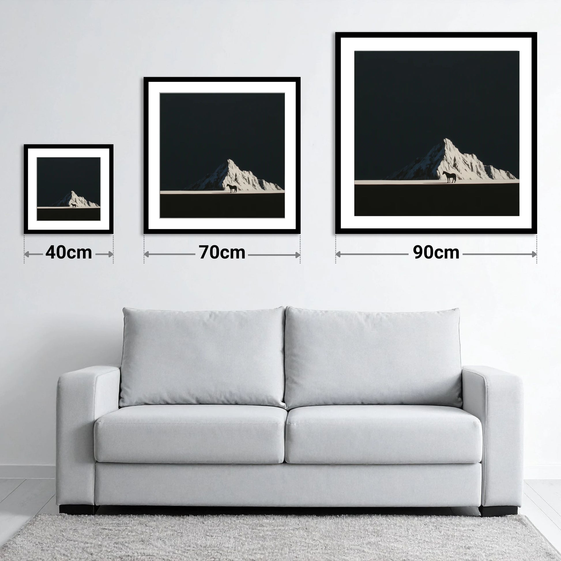 Alpine Solitude - size guide showing 40cm, 70cm and 90cm art prints