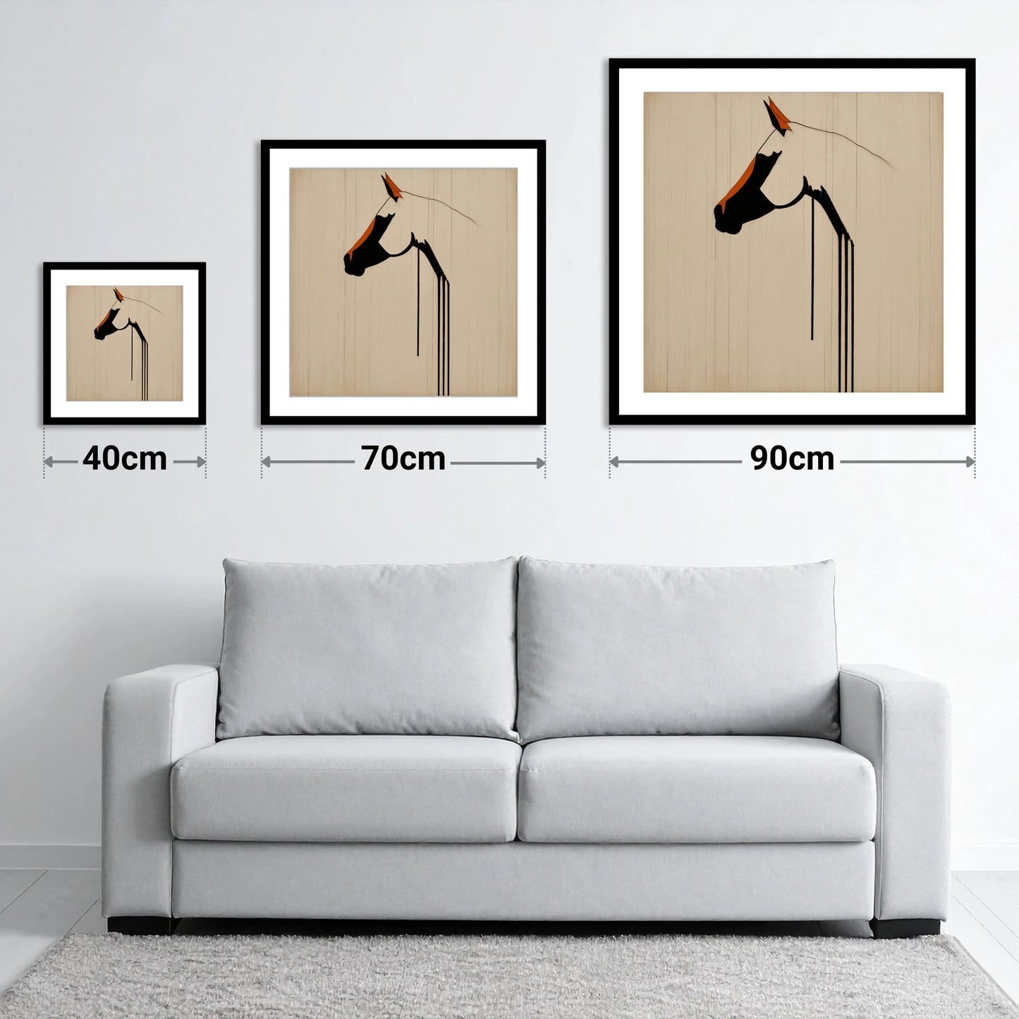 Minimalist Ink Profile - size guide showing 40cm, 70cm and 90cm art prints