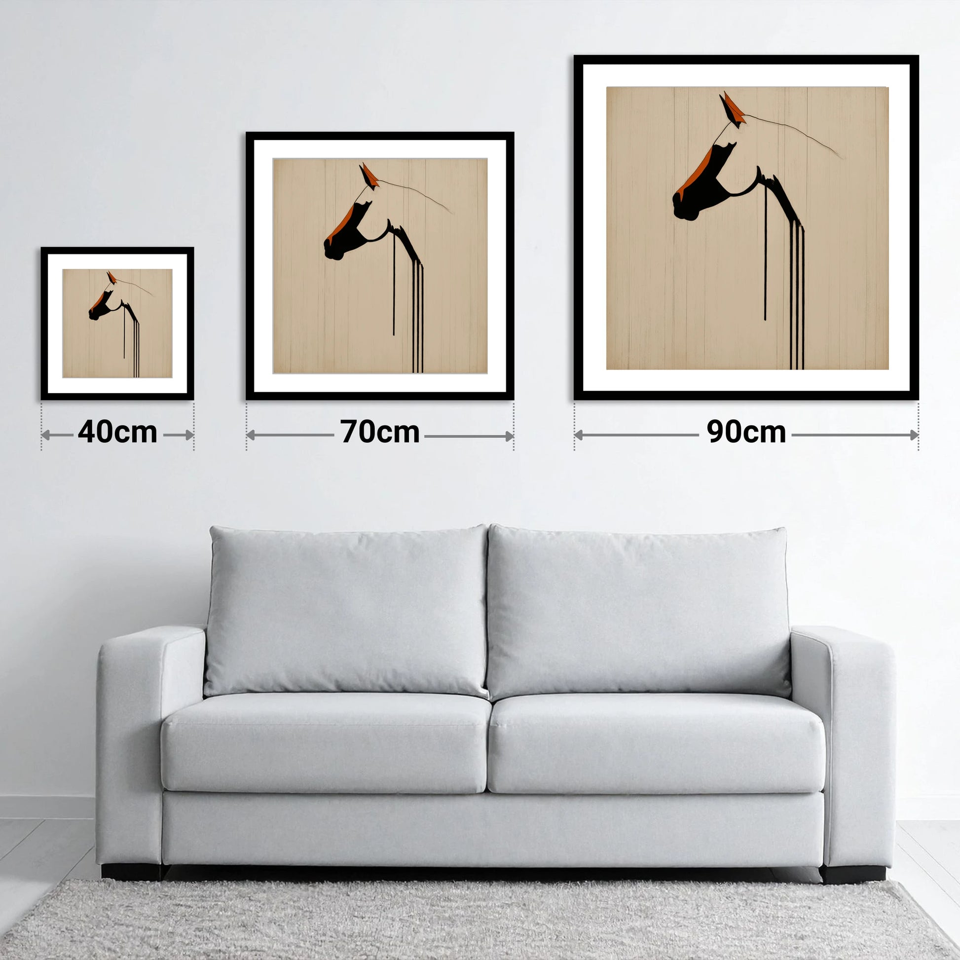 Minimalist Ink Profile - size guide showing 40cm, 70cm and 90cm art prints