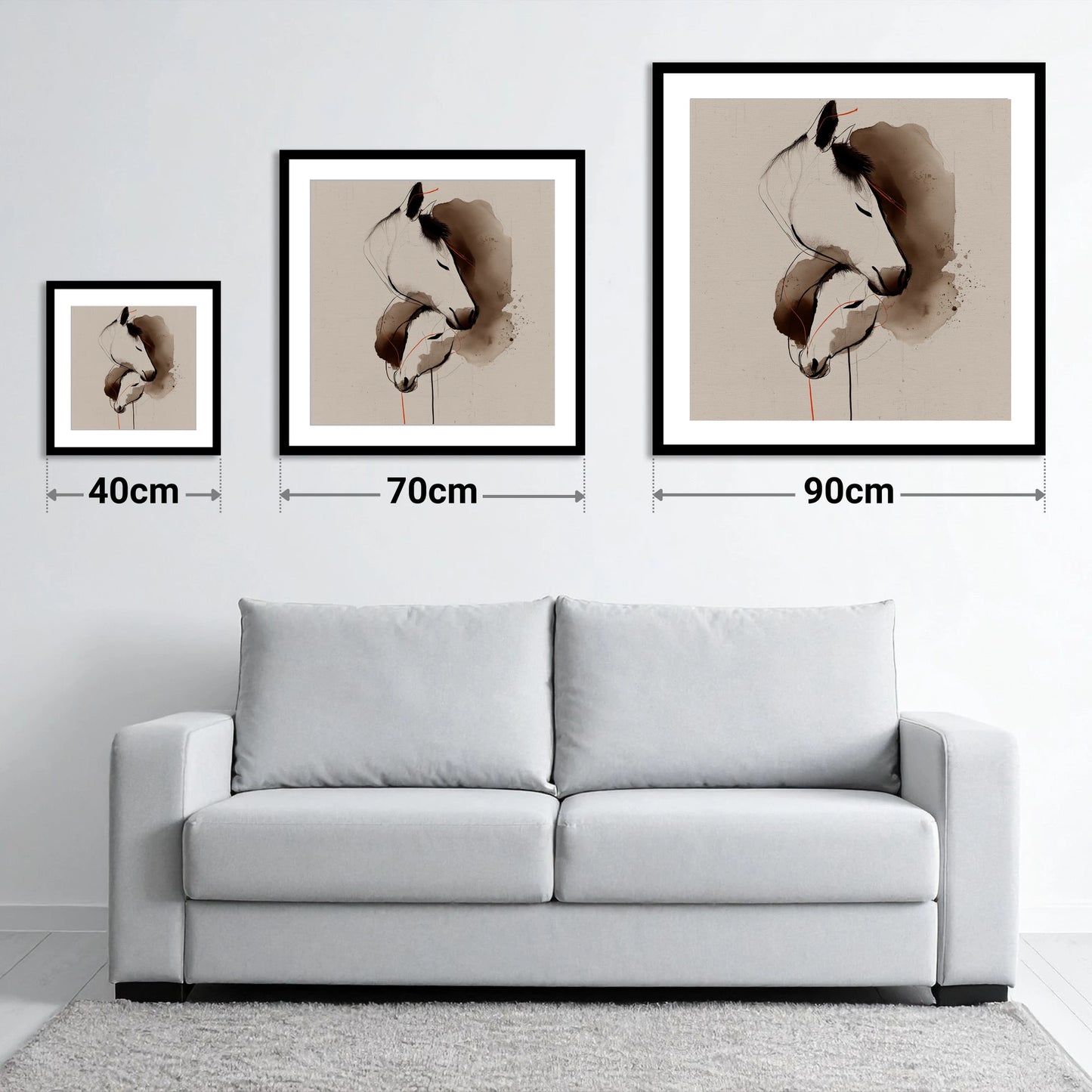 Tender Sepia Bond - size guide showing 40cm, 70cm and 90cm art prints