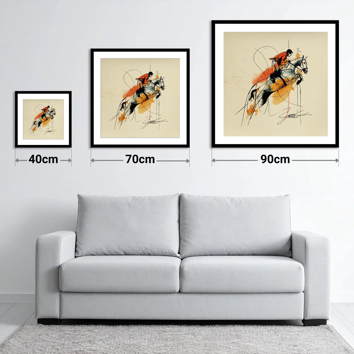Suspended in Amber - size guide showing 40cm, 70cm and 90cm art prints