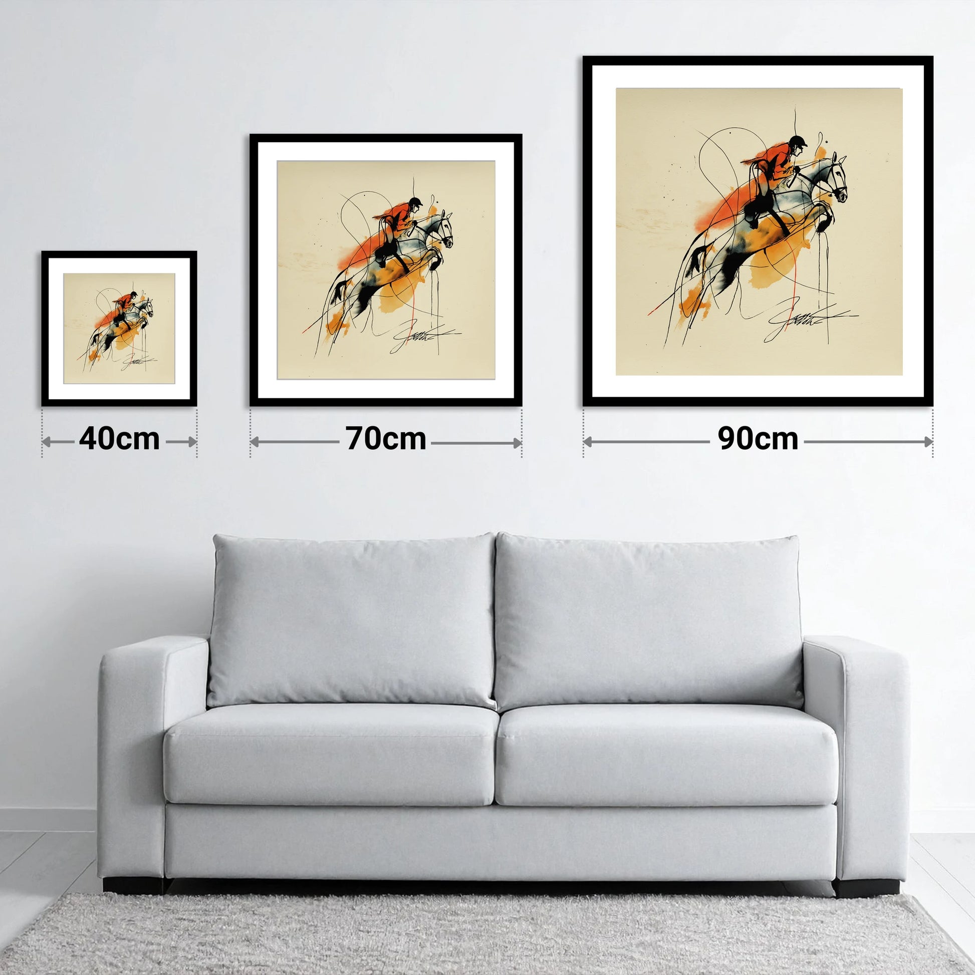 Suspended in Amber - size guide showing 40cm, 70cm and 90cm art prints