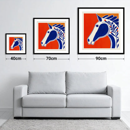 Bold Cobalt Equine Motif - size guide showing 40cm, 70cm and 90cm art prints