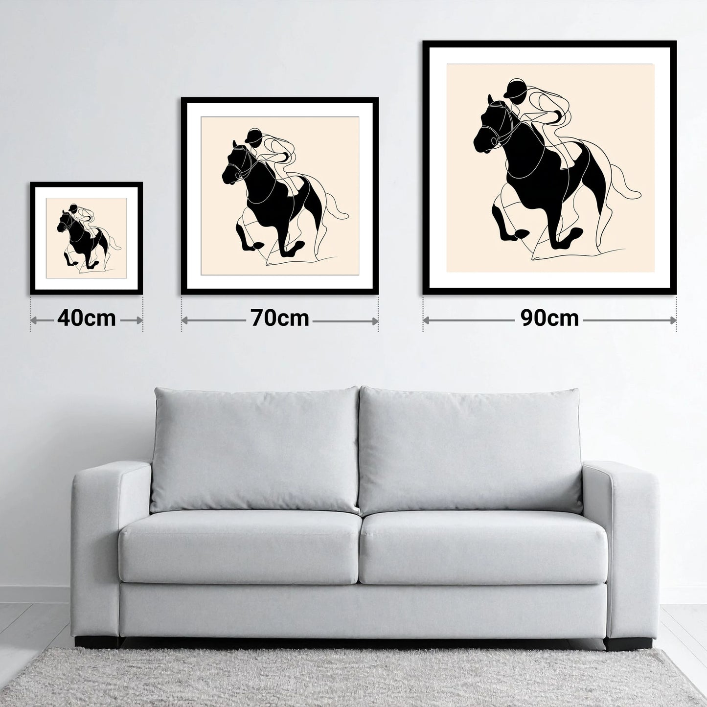 Fluid Racing Form - size guide showing 40cm, 70cm and 90cm art prints