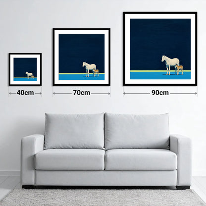 Midnight Horizon Mare And Foal - size guide showing 40cm, 70cm and 90cm art prints