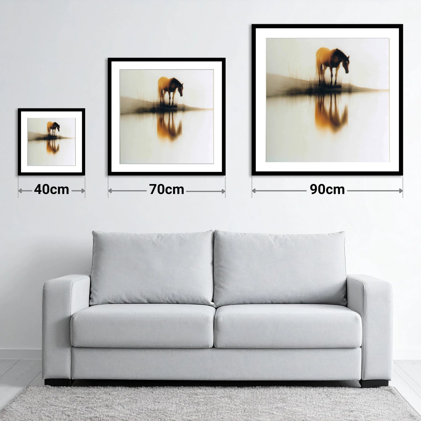 Amber Mist Reflection - size guide showing 40cm, 70cm and 90cm art prints