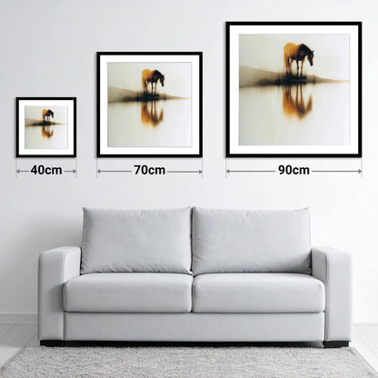 Amber Mist Reflection - size guide showing 40cm, 70cm and 90cm art prints