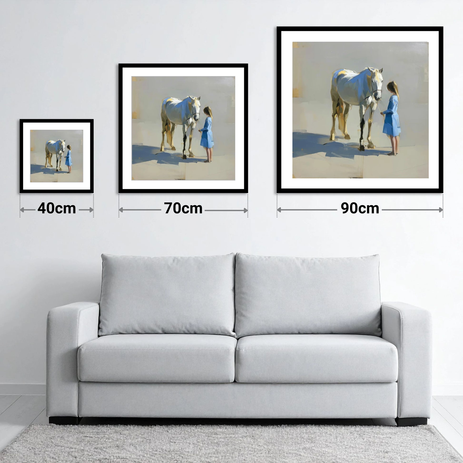 Sunlit Connection - size guide showing 40cm, 70cm and 90cm art prints