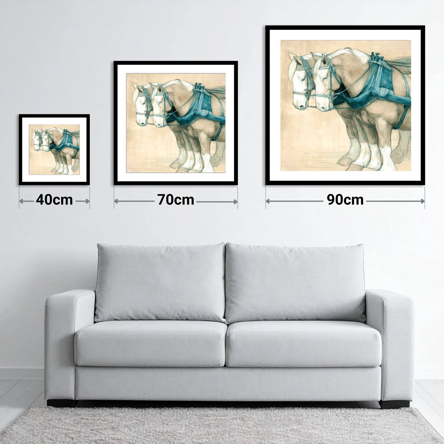 Quiet Strength in Harness - size guide showing 40cm, 70cm and 90cm art prints
