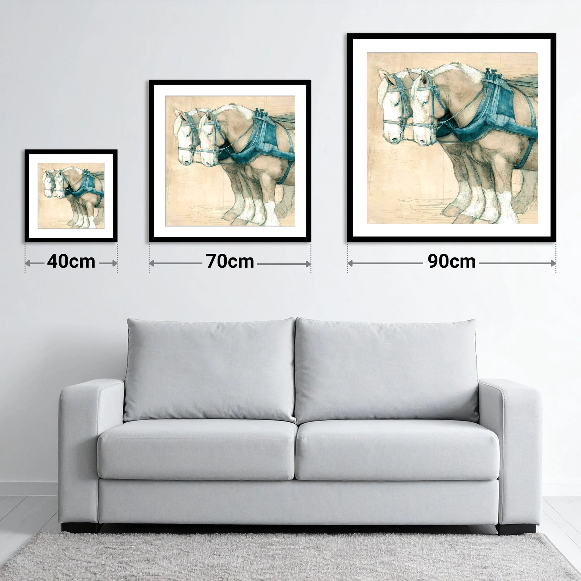 Quiet Strength in Harness - size guide showing 40cm, 70cm and 90cm art prints
