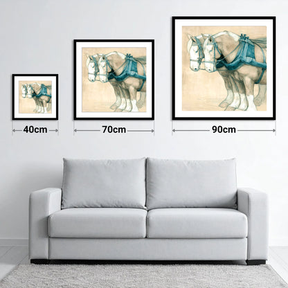 Quiet Strength in Harness - size guide showing 40cm, 70cm and 90cm art prints