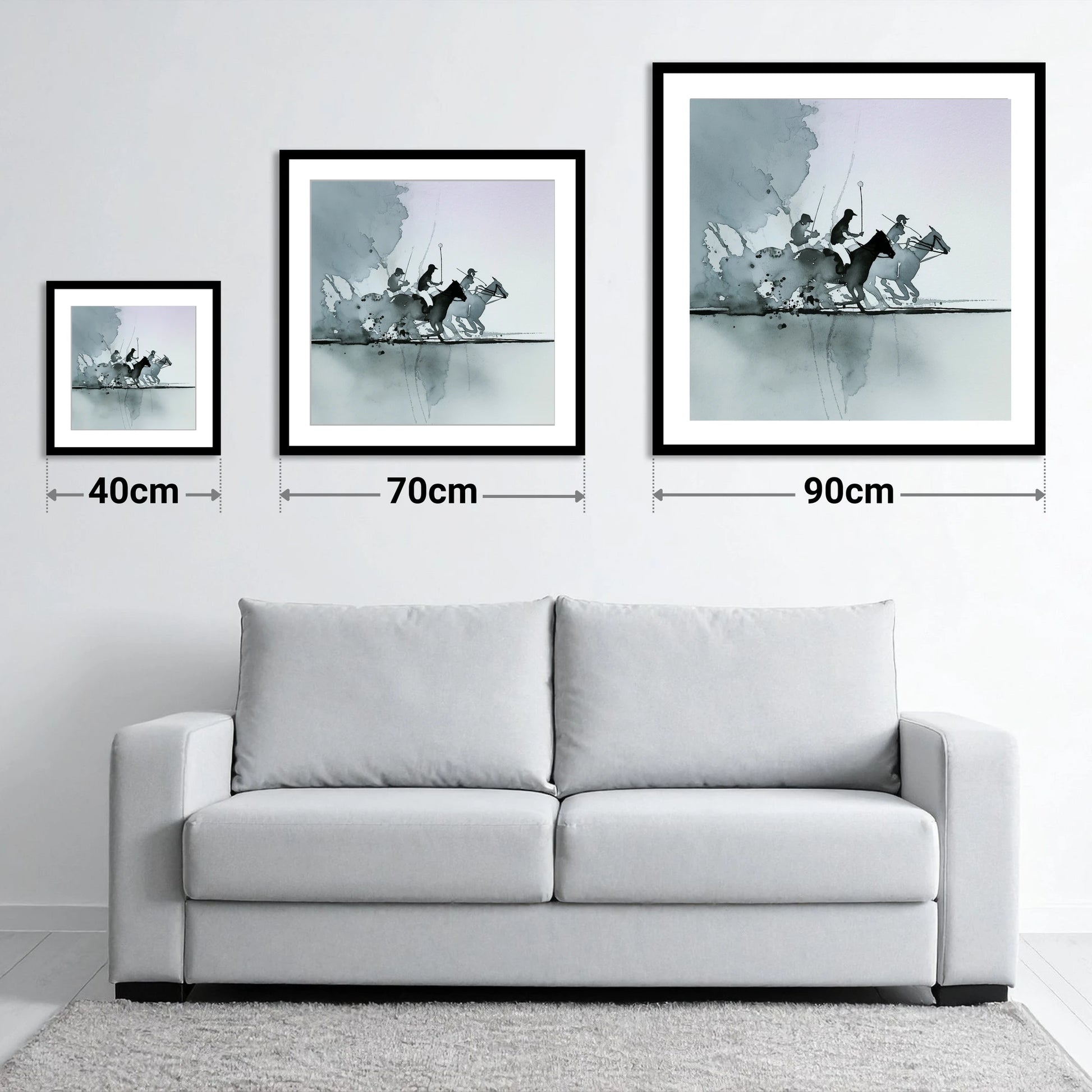 Shadows of the Chukka - size guide showing 40cm, 70cm and 90cm art prints