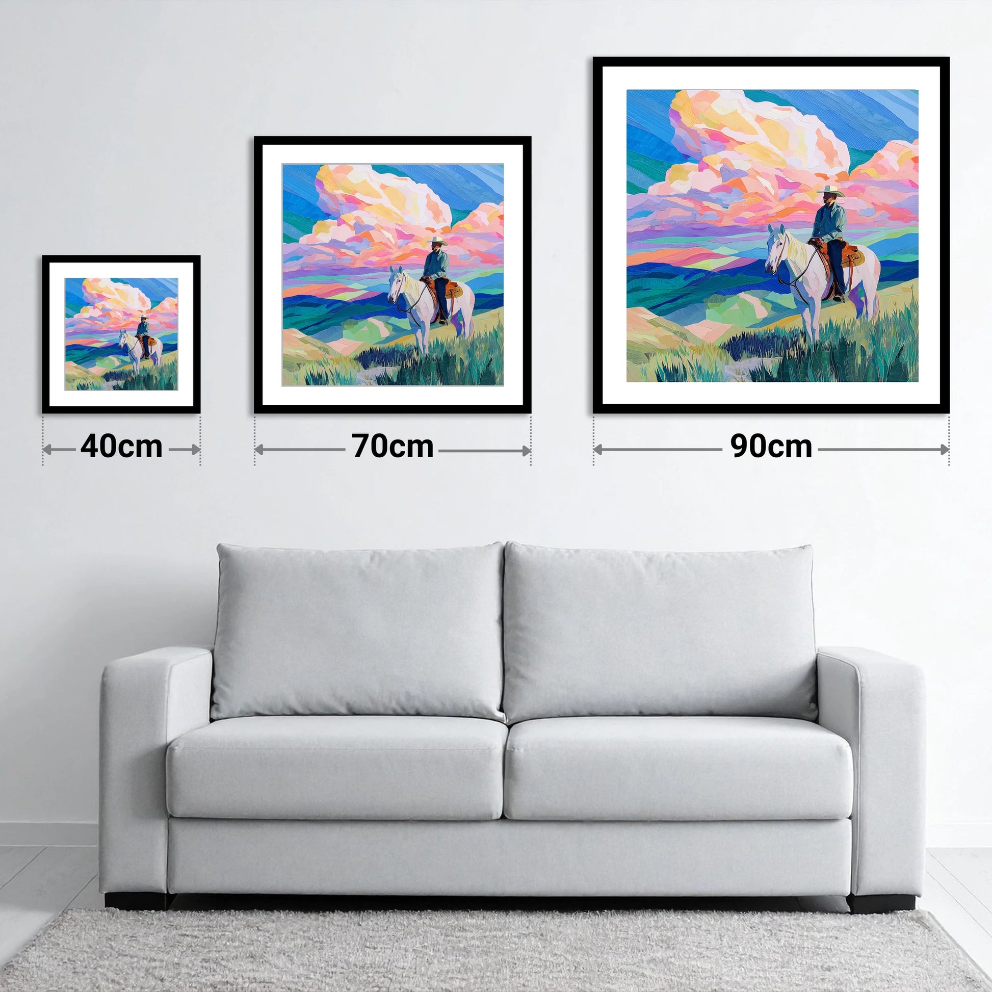 Painted Prairie Rider - size guide showing 40cm, 70cm and 90cm art prints