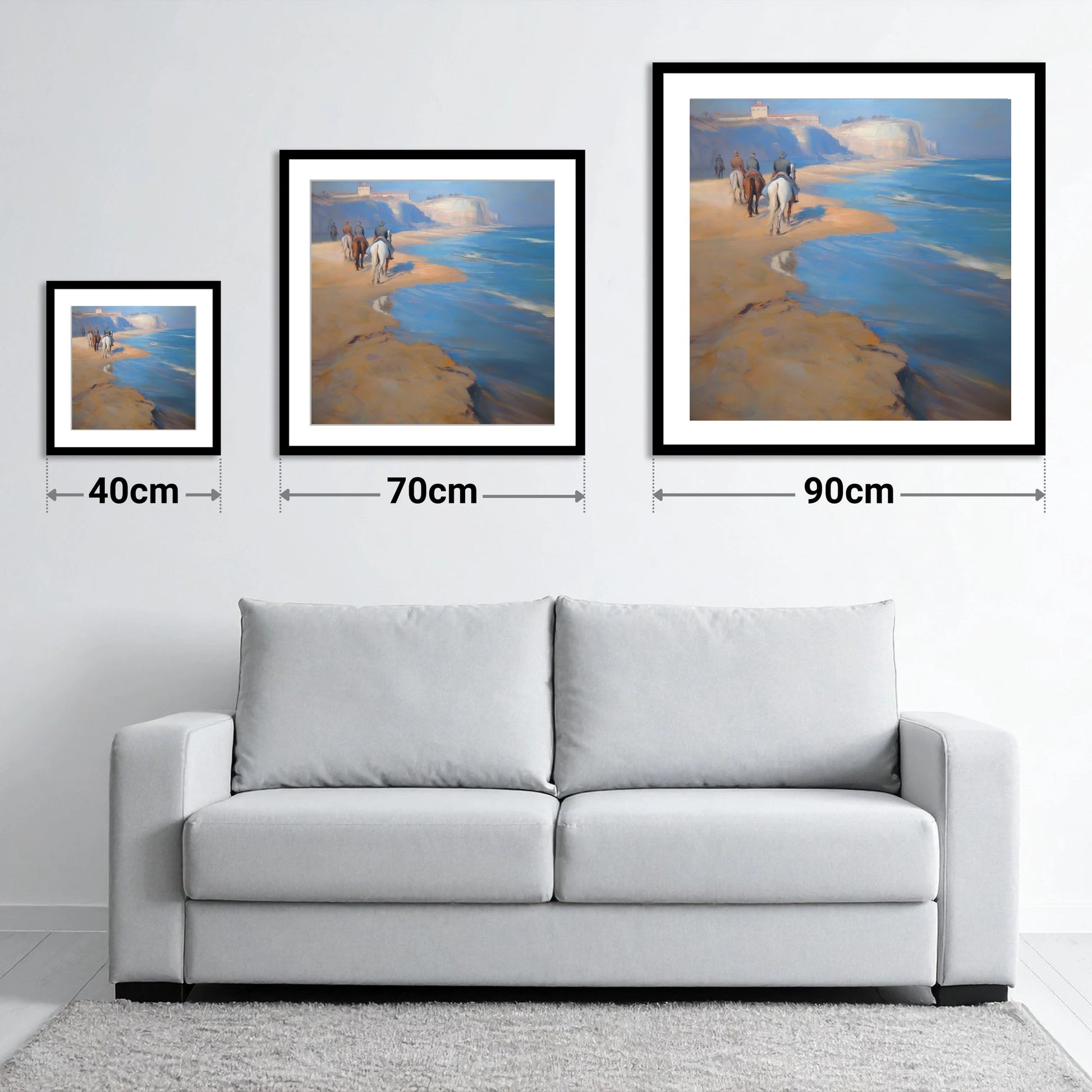 Distant Coastal Ride - size guide showing 40cm, 70cm and 90cm art prints