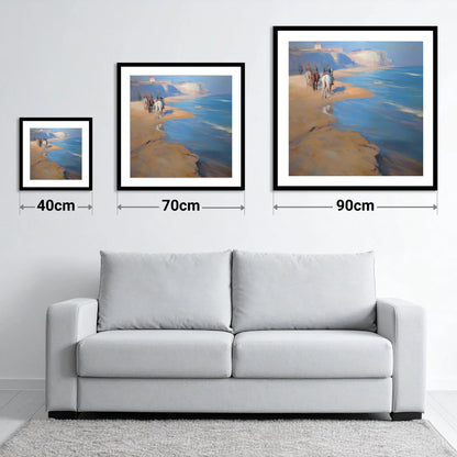 Distant Coastal Ride - size guide showing 40cm, 70cm and 90cm art prints
