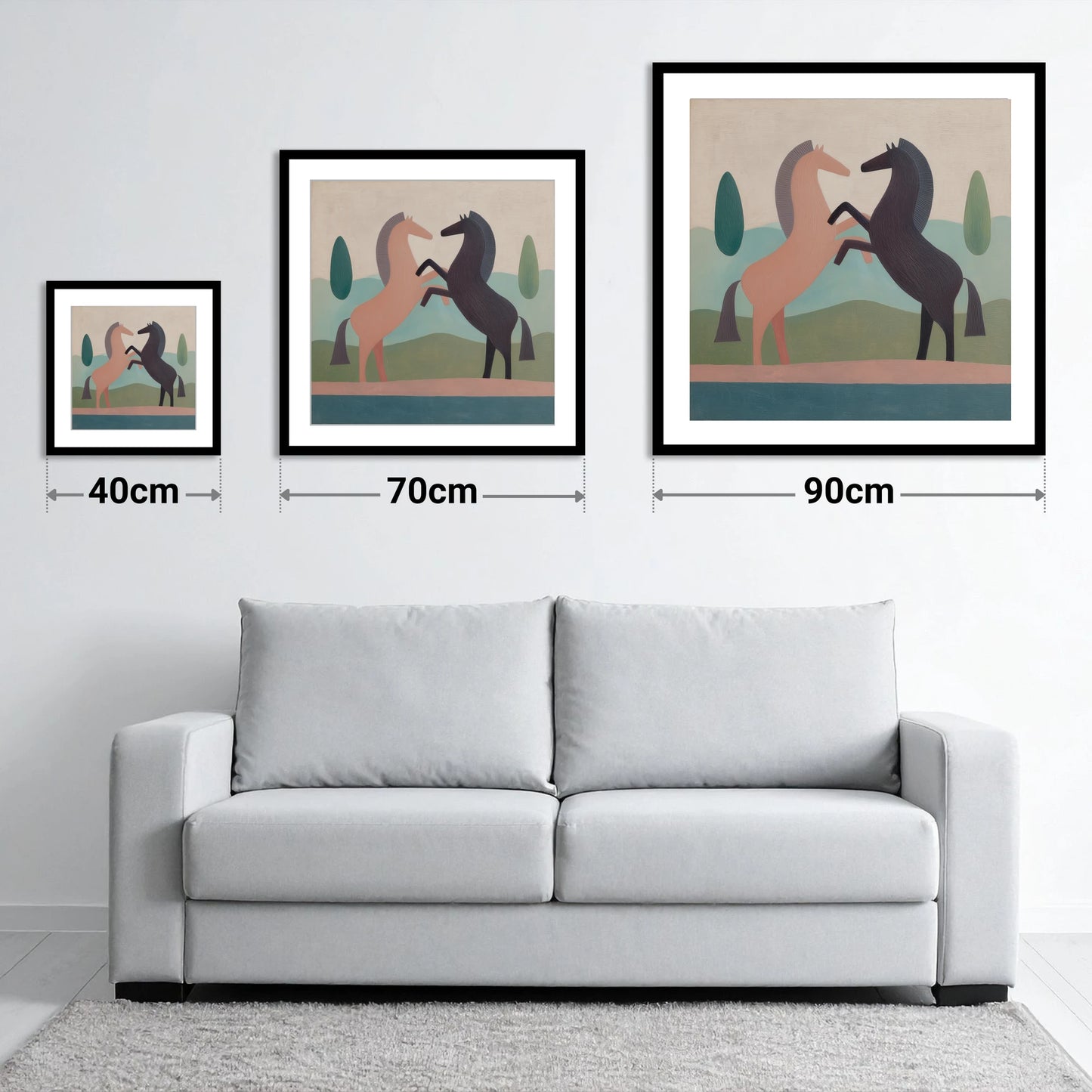 Earthy Equine Harmony - size guide showing 40cm, 70cm and 90cm art prints
