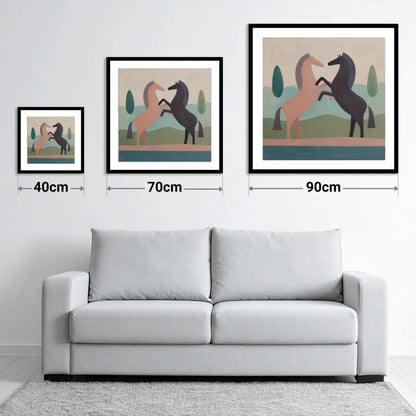 Earthy Equine Harmony - size guide showing 40cm, 70cm and 90cm art prints