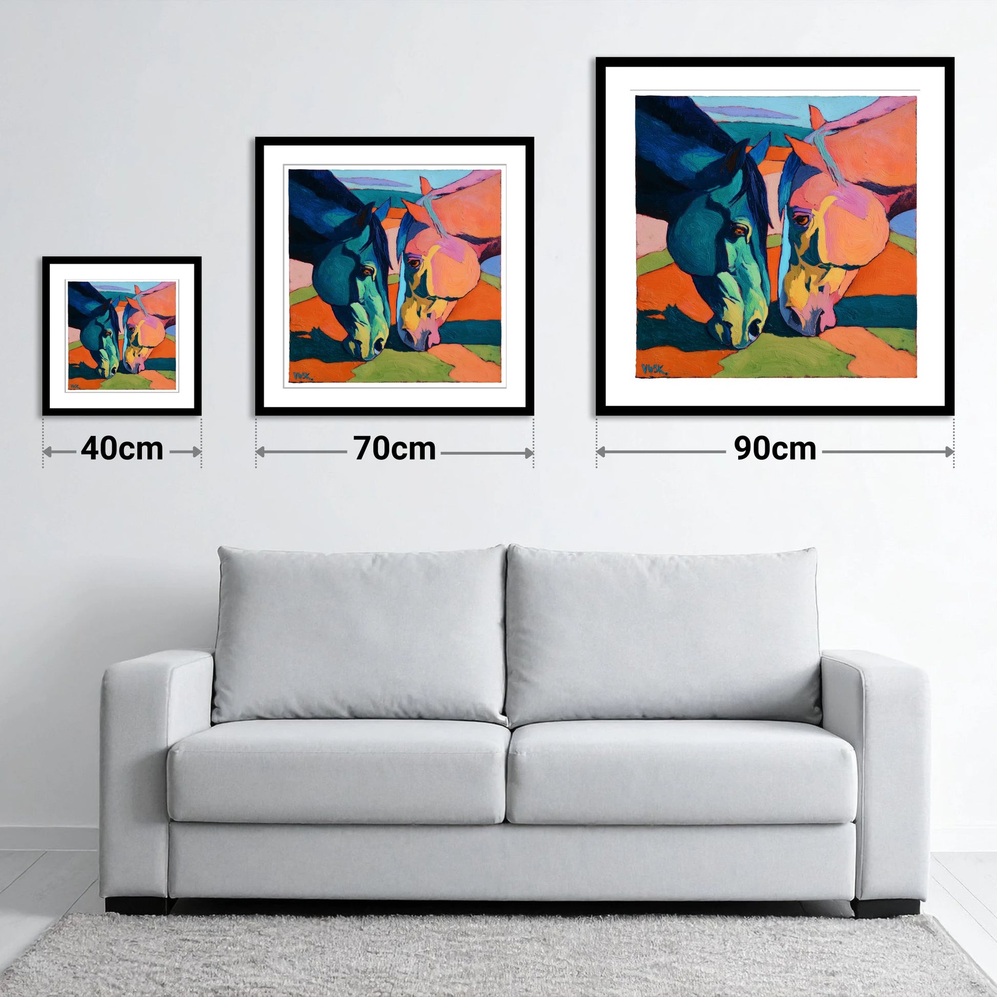 Vibrant Companions - size guide showing 40cm, 70cm and 90cm art prints