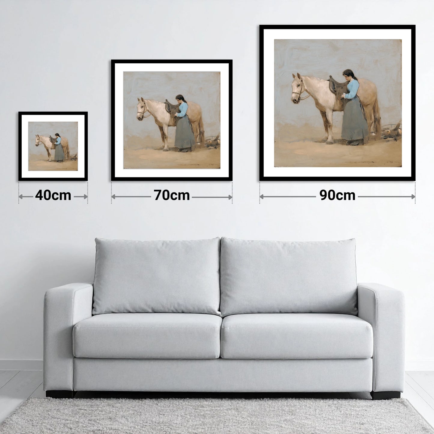 Gentle Preparations - size guide showing 40cm, 70cm and 90cm art prints