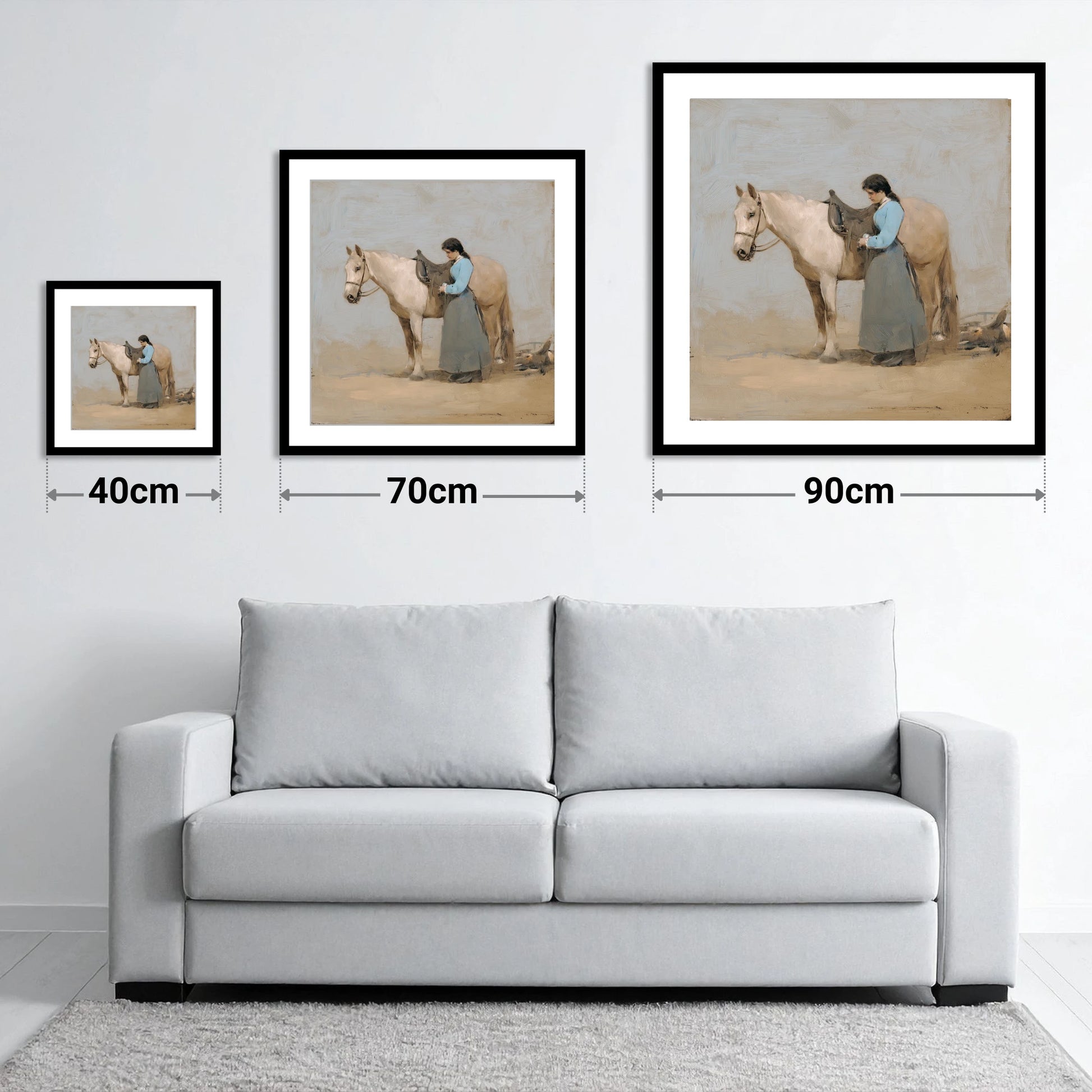 Gentle Preparations - size guide showing 40cm, 70cm and 90cm art prints