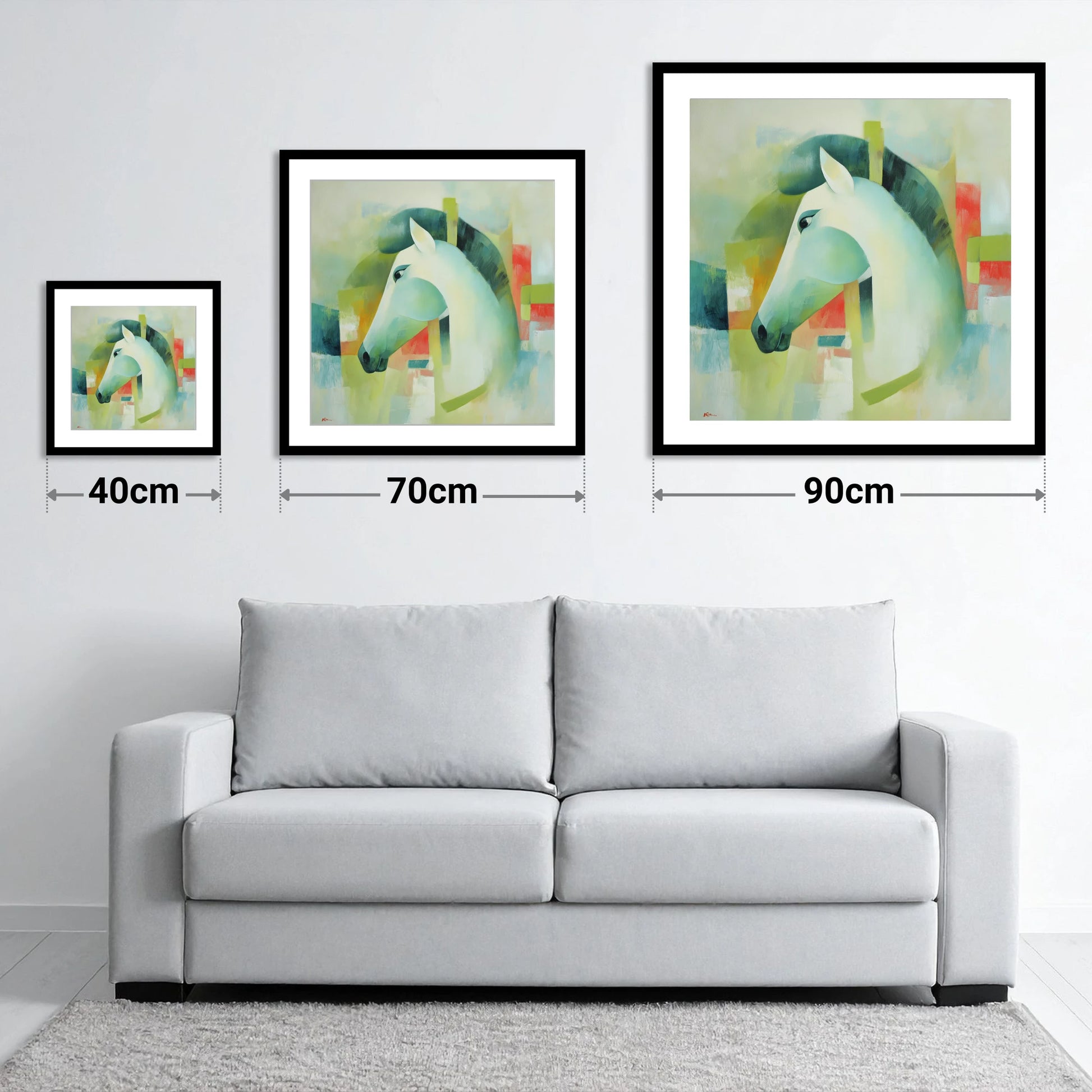 Modern Grey Profile - size guide showing 40cm, 70cm and 90cm art prints