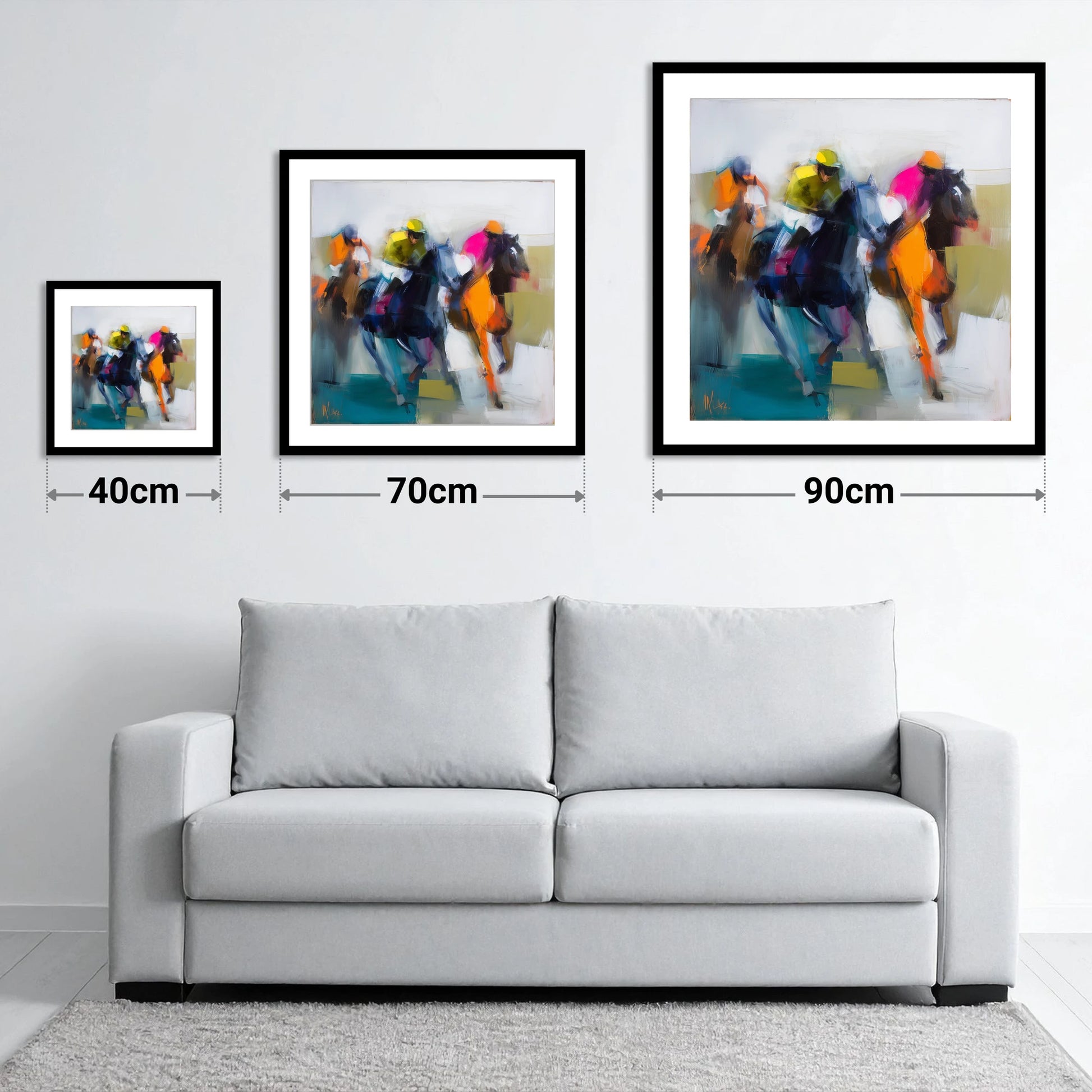 Rush of Silks - size guide showing 40cm, 70cm and 90cm art prints