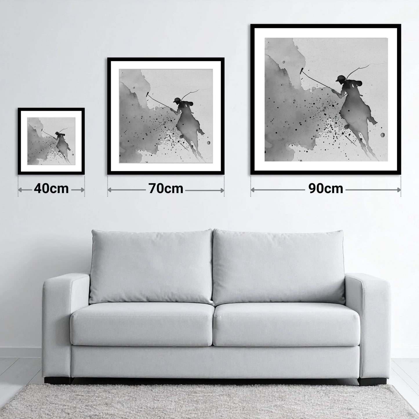 Dynamic Polo Silhouette - size guide showing 40cm, 70cm and 90cm art prints