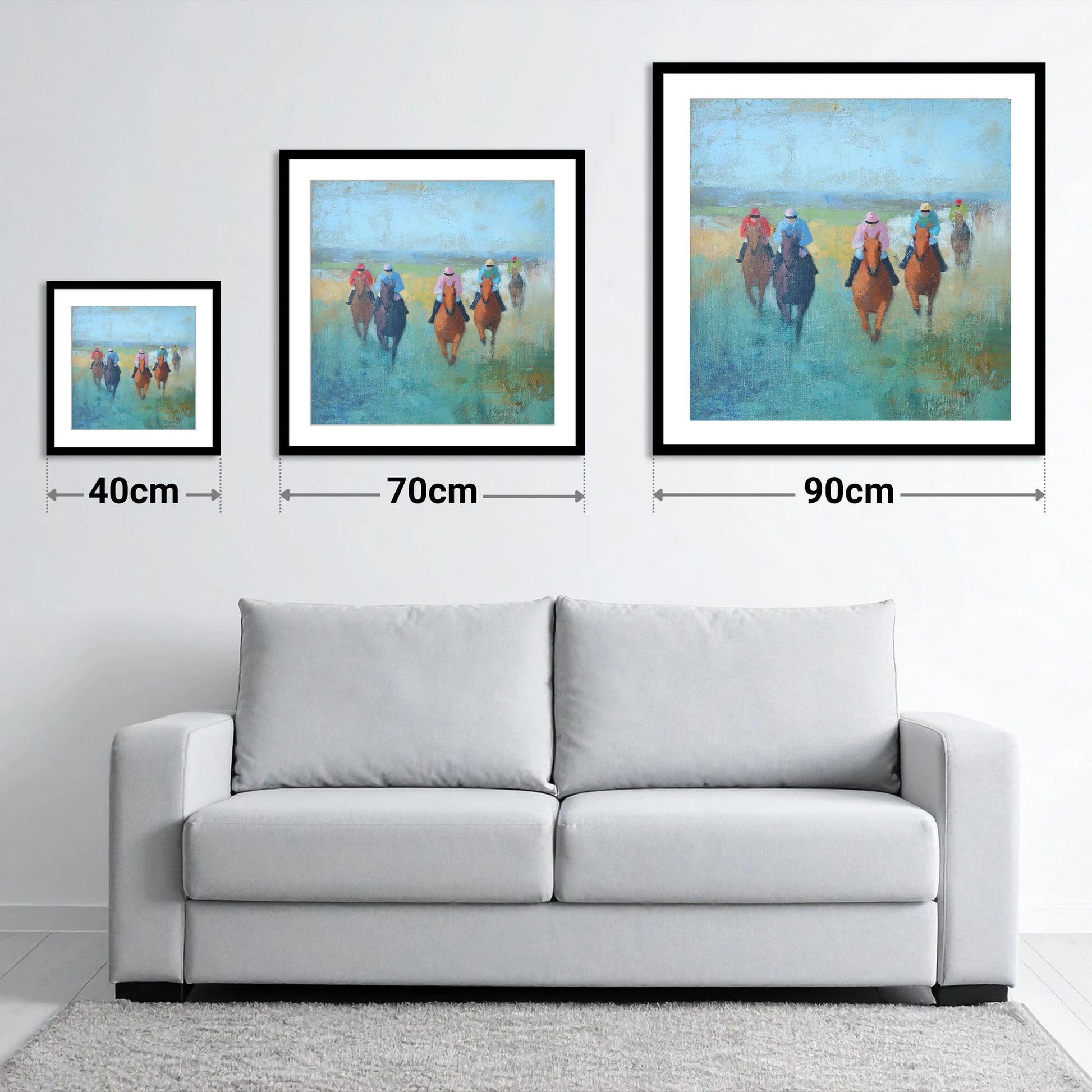Through the Mist - size guide showing 40cm, 70cm and 90cm art prints