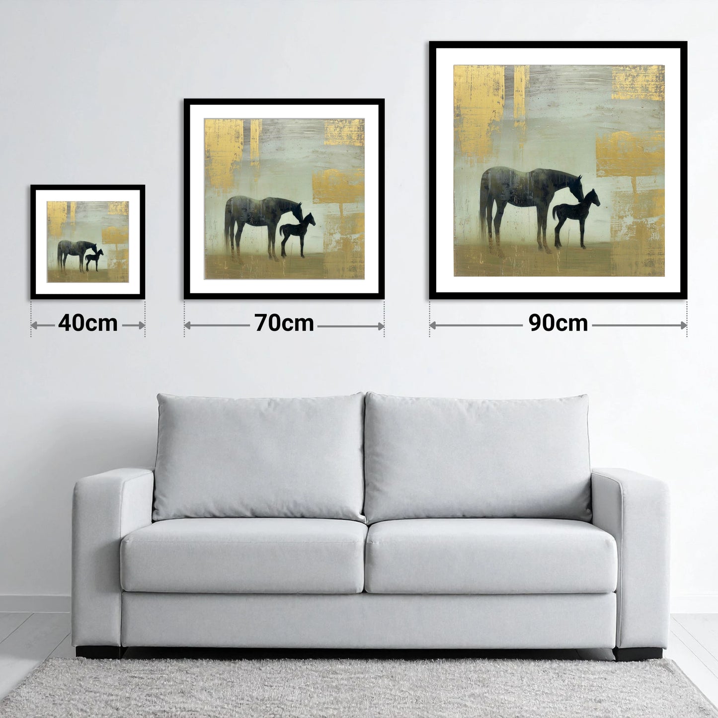 Gilded Maternal Bond - size guide showing 40cm, 70cm and 90cm art prints