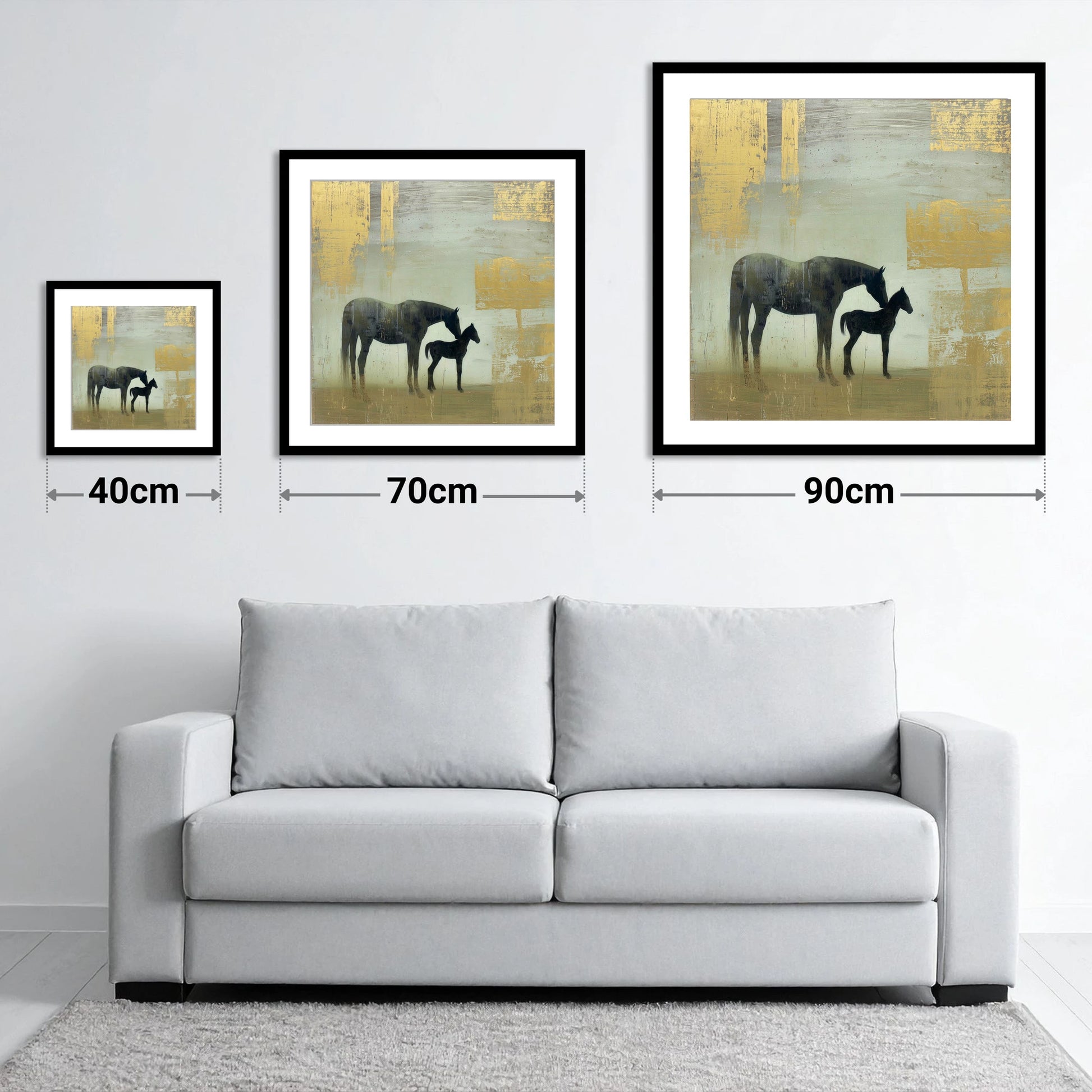 Gilded Maternal Bond - size guide showing 40cm, 70cm and 90cm art prints