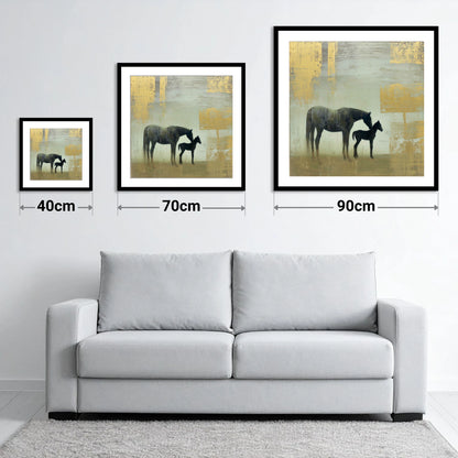 Gilded Maternal Bond - size guide showing 40cm, 70cm and 90cm art prints