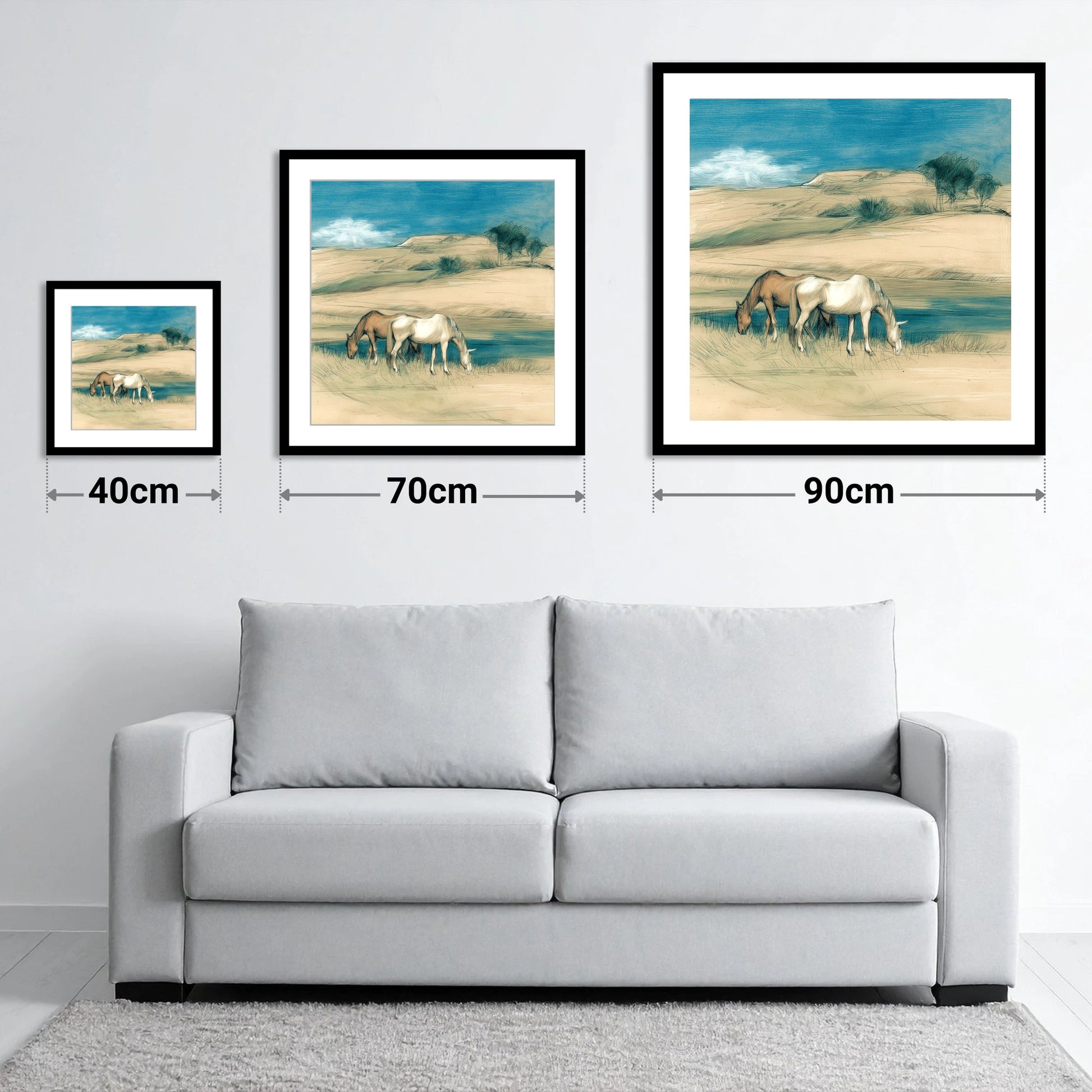 Quiet Companions - size guide showing 40cm, 70cm and 90cm art prints
