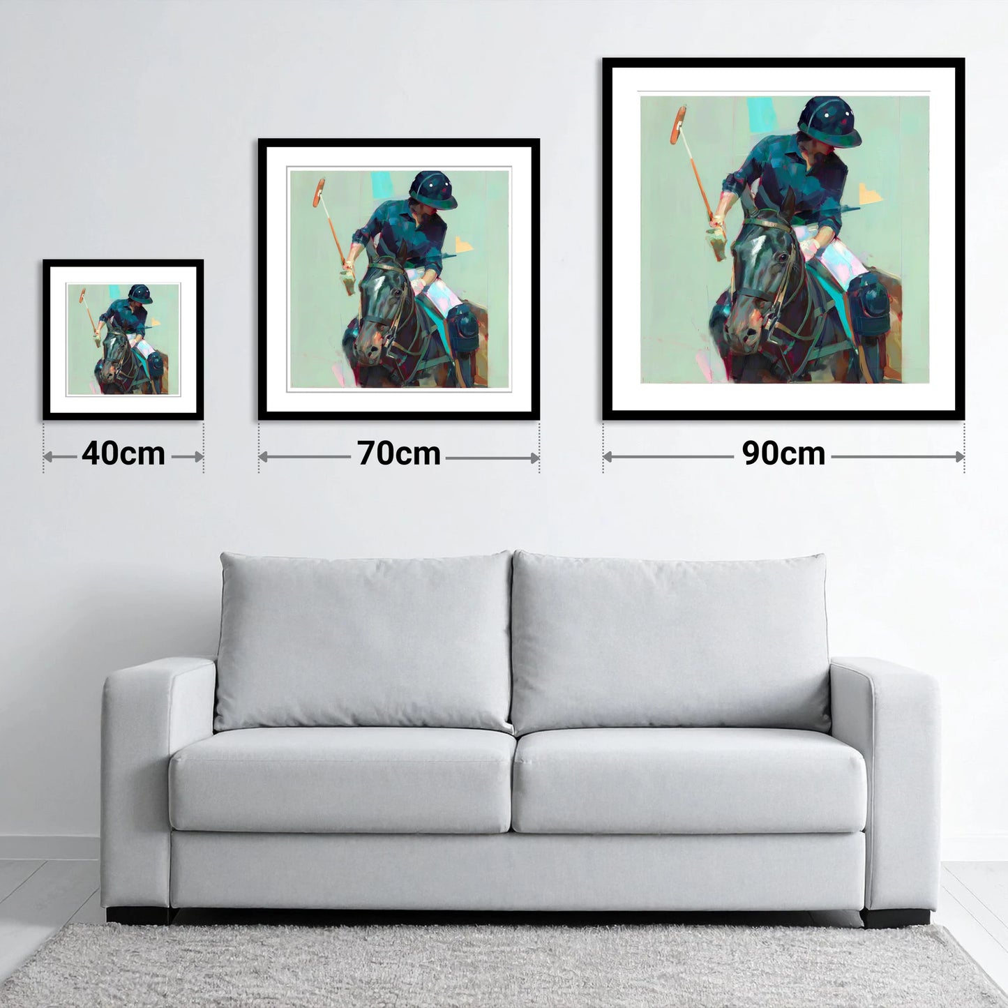 The Decisive Strike - size guide showing 40cm, 70cm and 90cm art prints