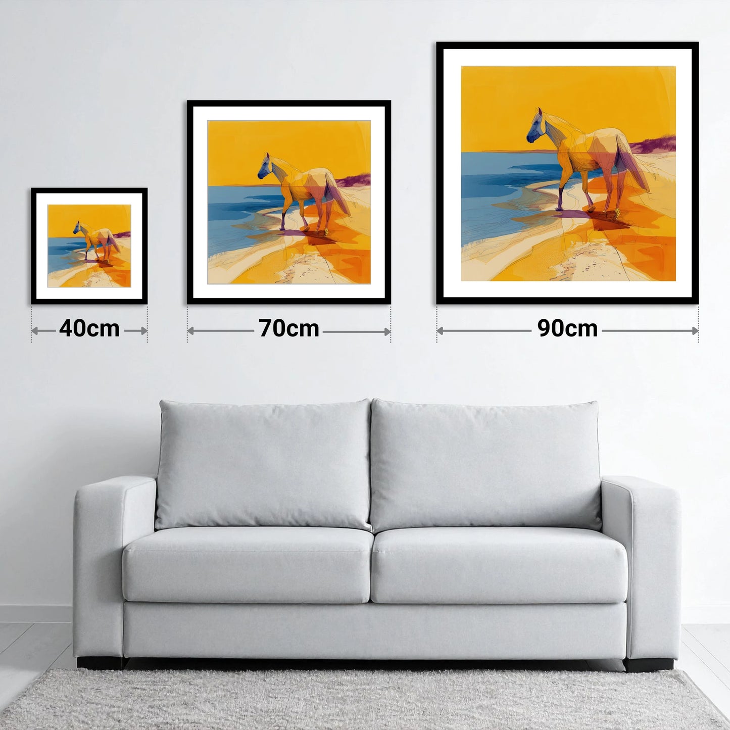 Vibrant Coastal Stride - size guide showing 40cm, 70cm and 90cm art prints