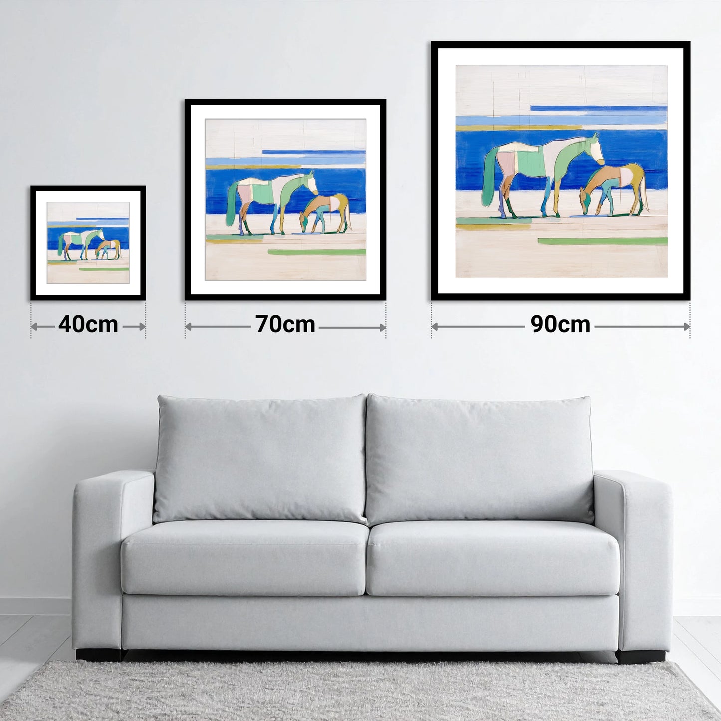 Azure Equine Geometry - size guide showing 40cm, 70cm and 90cm art prints