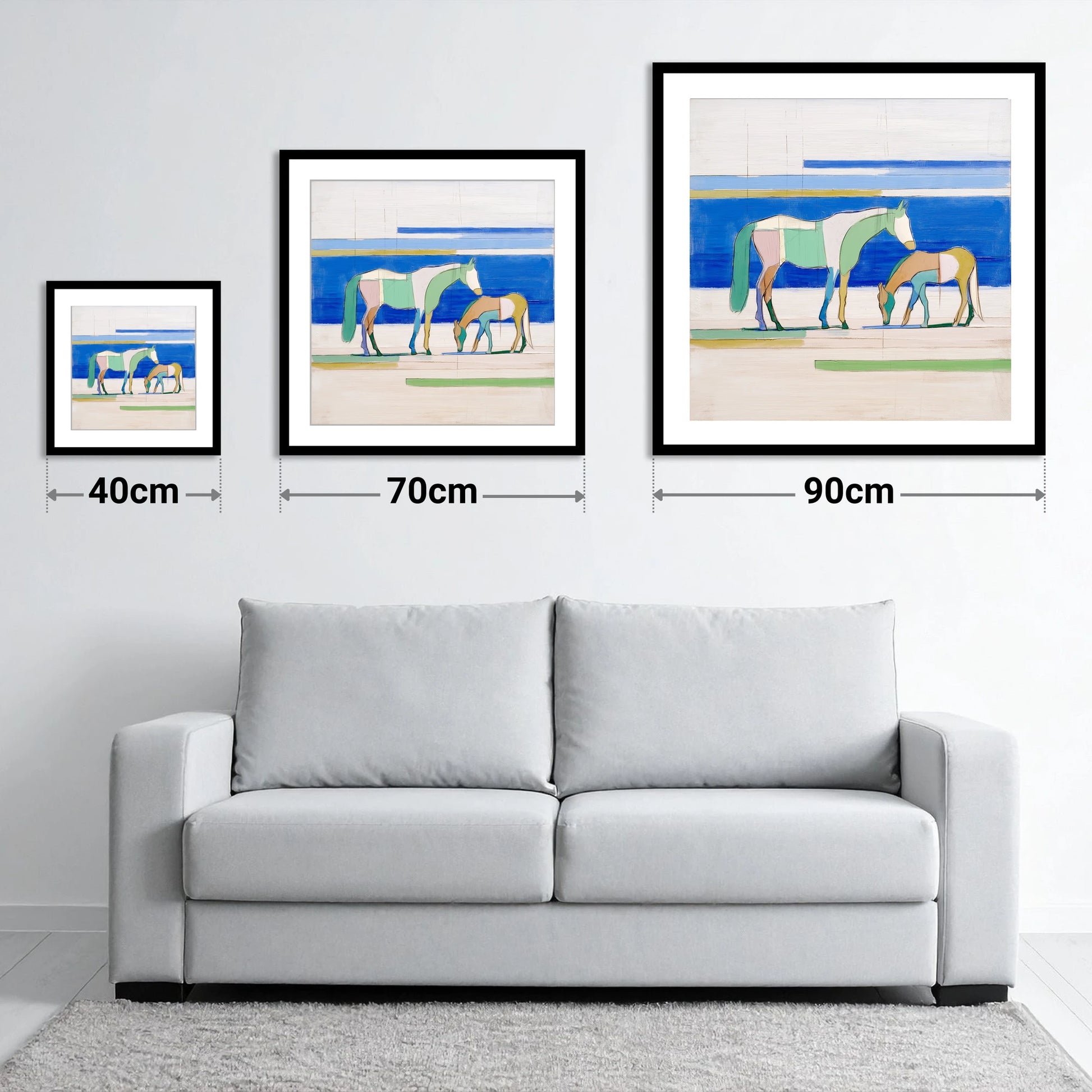 Azure Equine Geometry - size guide showing 40cm, 70cm and 90cm art prints
