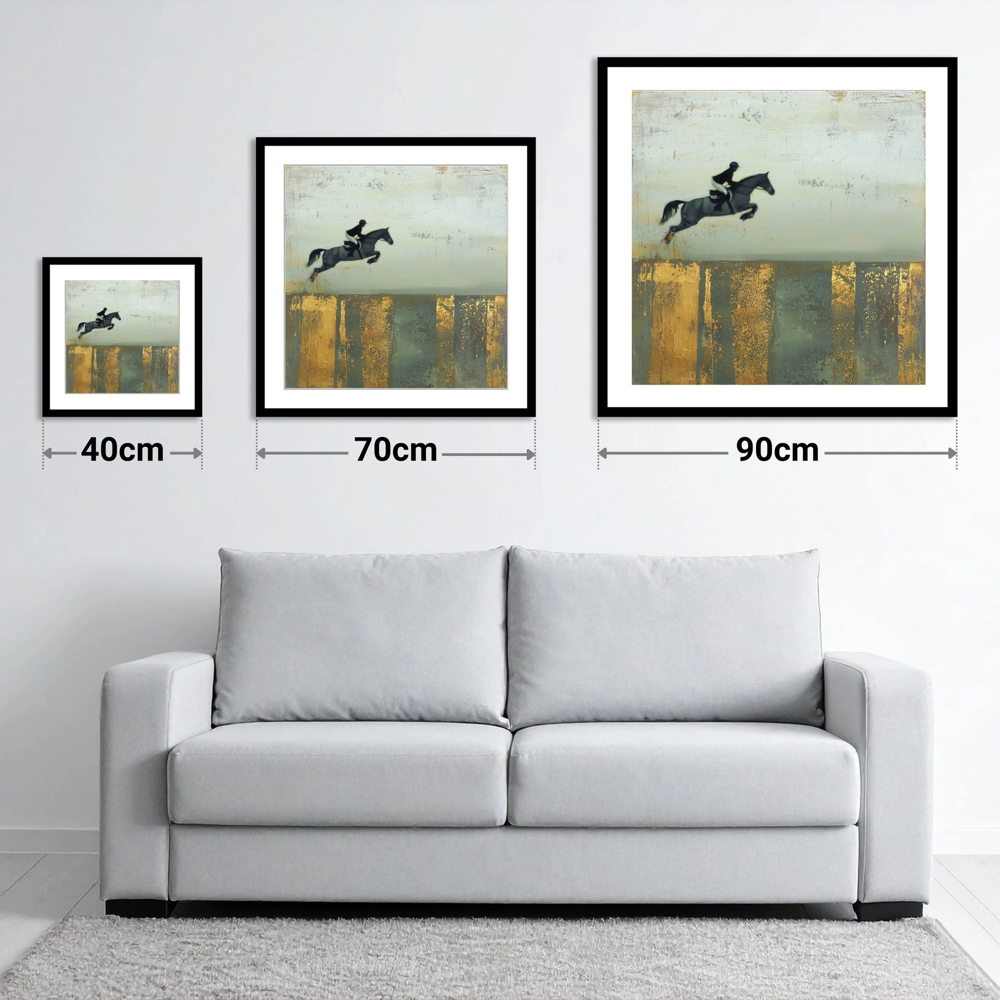 Flight Over Gold - size guide showing 40cm, 70cm and 90cm art prints