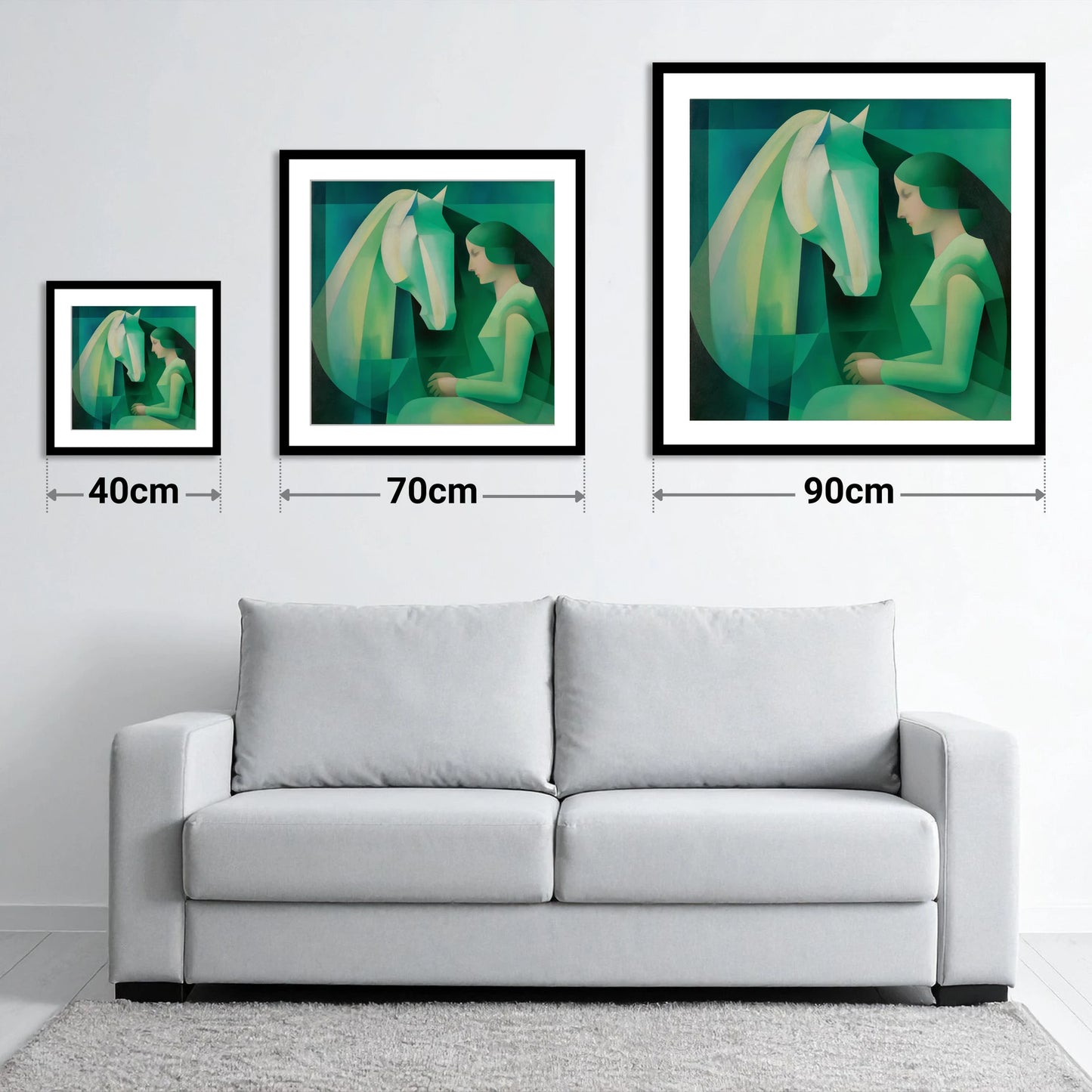 The Emerald Bond - size guide showing 40cm, 70cm and 90cm art prints