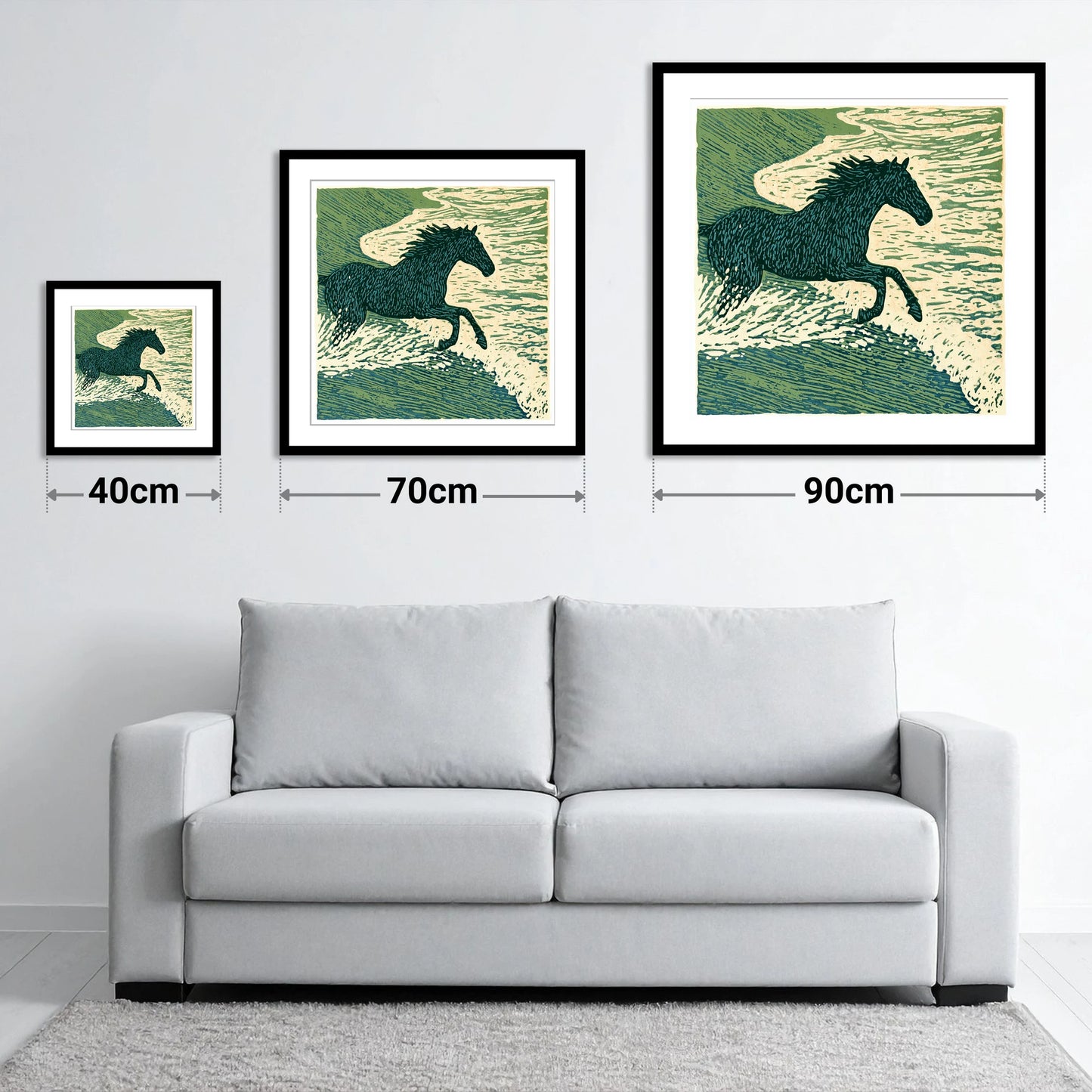 Wild Sea Canter - size guide showing 40cm, 70cm and 90cm art prints